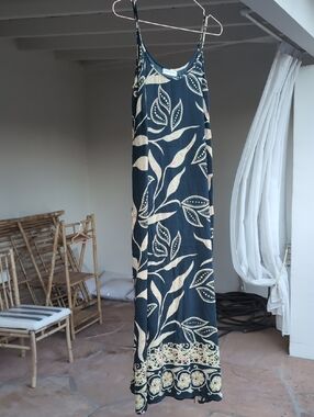 Maison Hotel Navy Floral Maxi Slip Dress with Cream Leaf Print